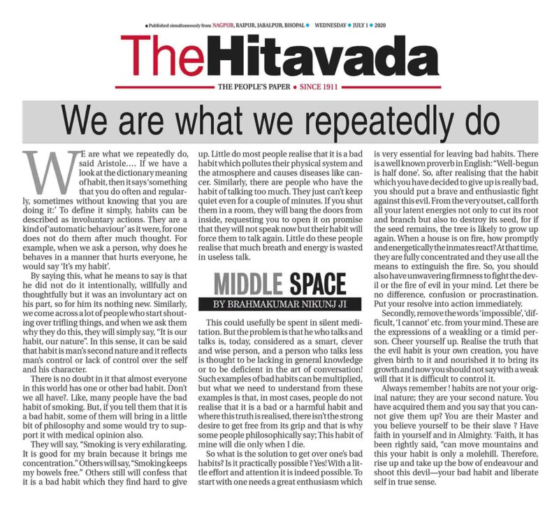 Hitavada Magazine The Hitavada 01. July 2020 – Rajyogi Speaks